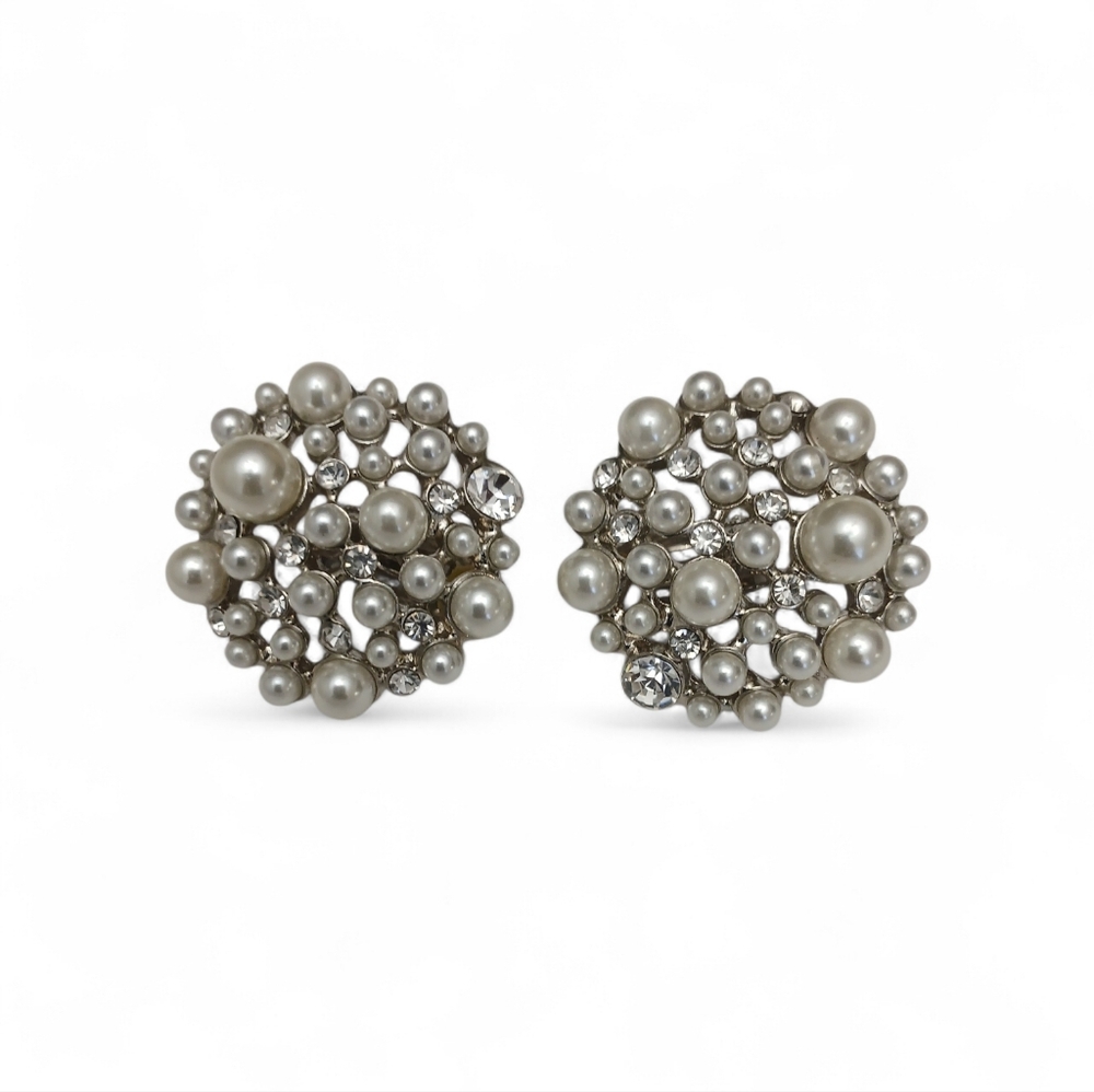 Vintage Faux Pearl And Rhinestones Clip-on Earrings Elegant Formal Classy